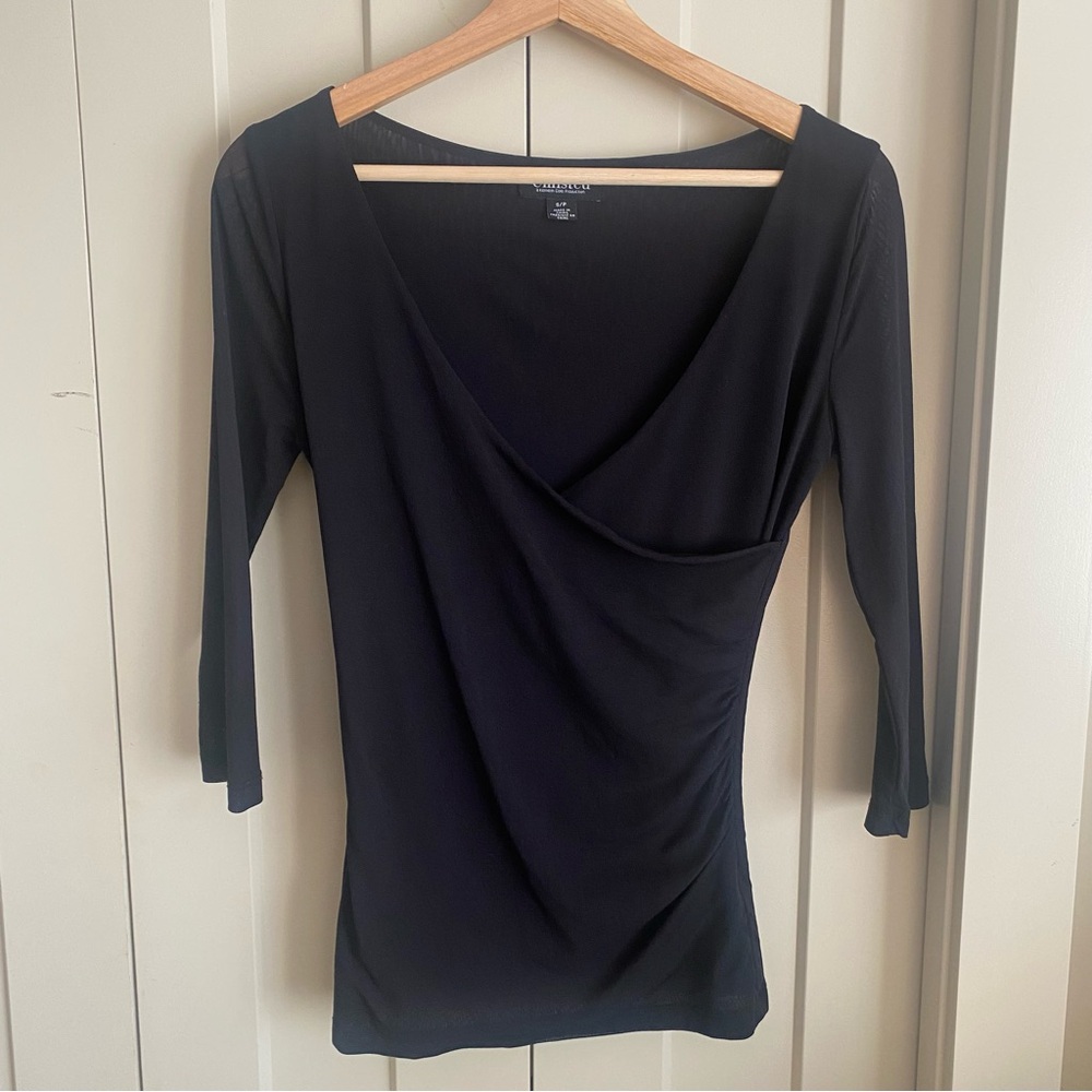 Kenneth Cole-Black Top-Wrap Style-Fitted Sheer 3/4 Sleeves-Size S